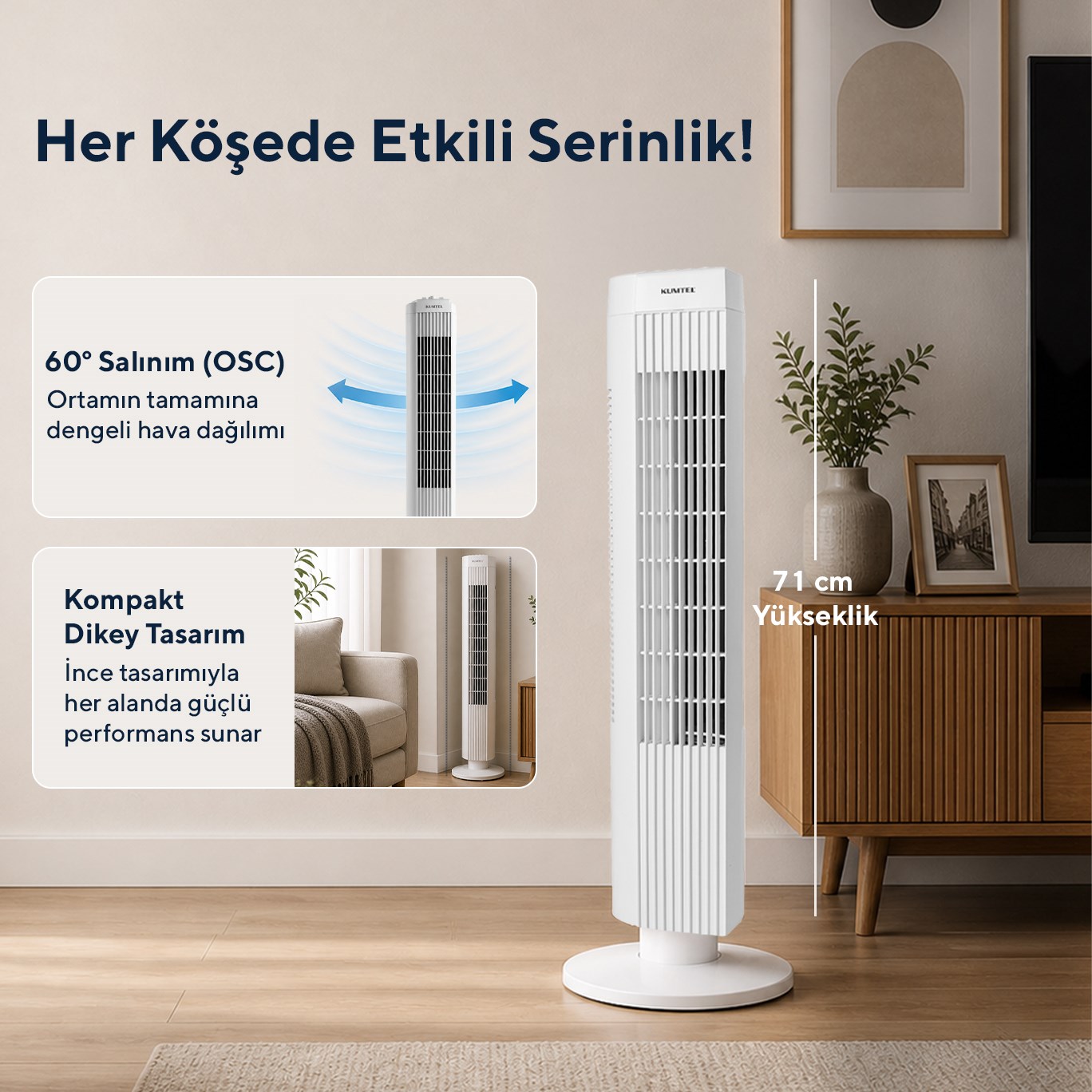Kumtel KTF-258W Kule Tipi Beyaz Vantilatör – 50W, Zaman Ayarlı, 3 Hız Kademeli, Sessiz Çalışma
