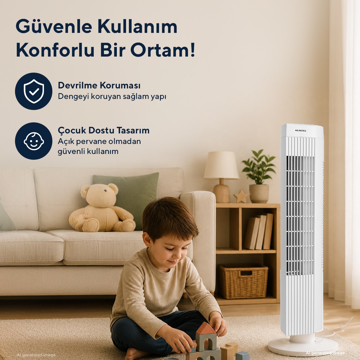 Kumtel KTF-258W Kule Tipi Beyaz Vantilatör – 50W, Zaman Ayarlı, 3 Hız Kademeli, Sessiz Çalışma