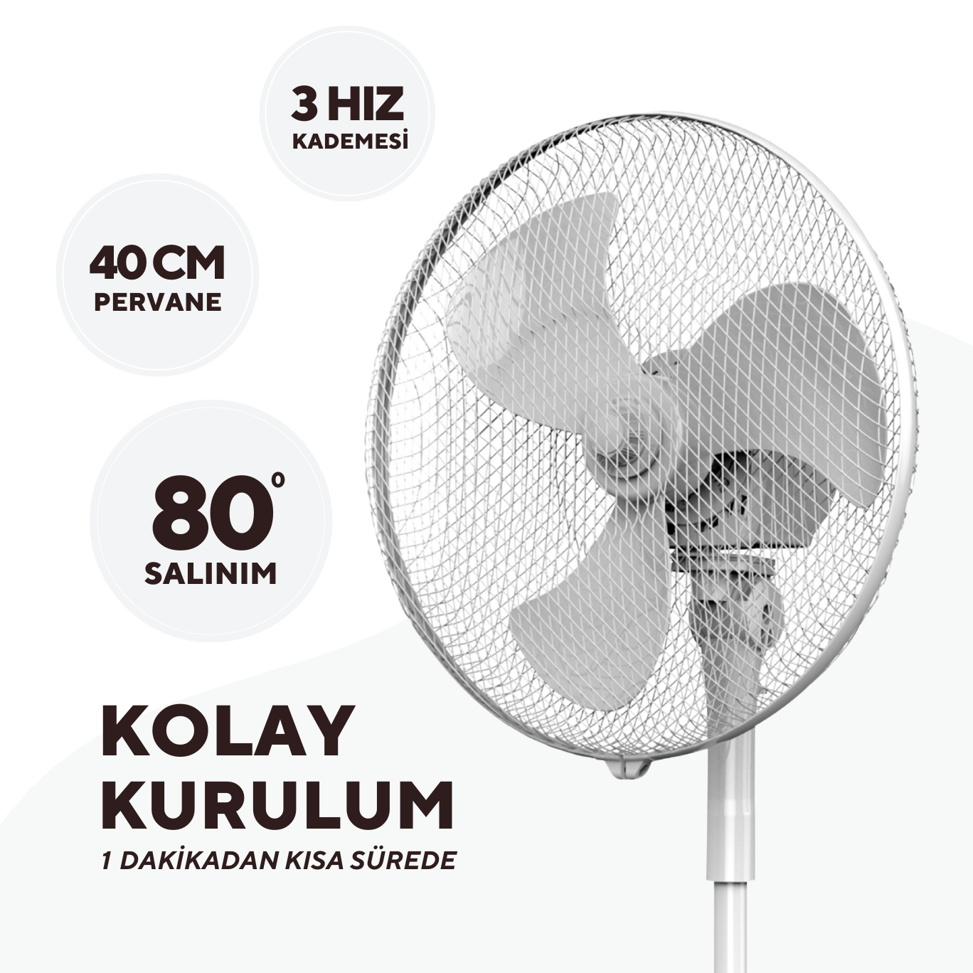 Kumtel KTF-290 Beyaz 16 İnç Ayaklı Vantilatör 40 W,3 Kanatlı, 3 Pervaneli, 120 cm Ayarlanabilir Yükseklik
