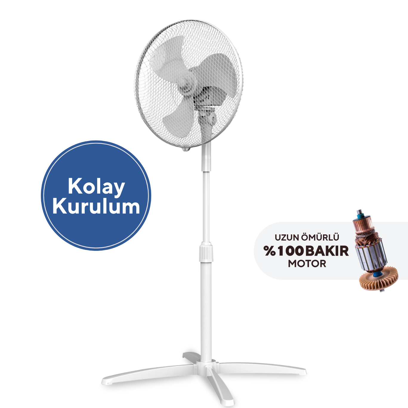 Kumtel KTF-290 Beyaz 16 İnç Ayaklı Vantilatör 40 W,3 Kanatlı, 3 Pervaneli, 120 cm Ayarlanabilir Yükseklik