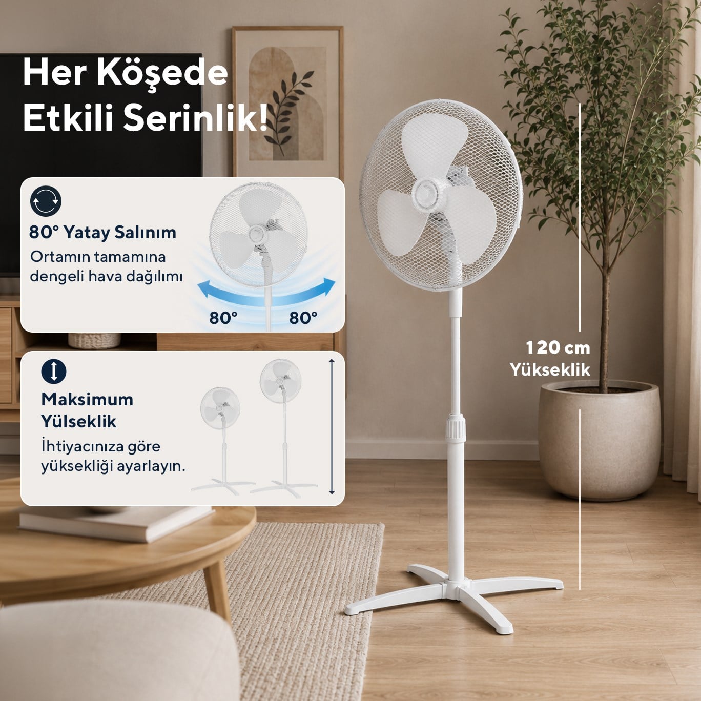 Kumtel KTF-290 Beyaz 16 İnç Ayaklı Vantilatör 40 W,3 Kanatlı, 3 Pervaneli, 120 cm Ayarlanabilir Yükseklik