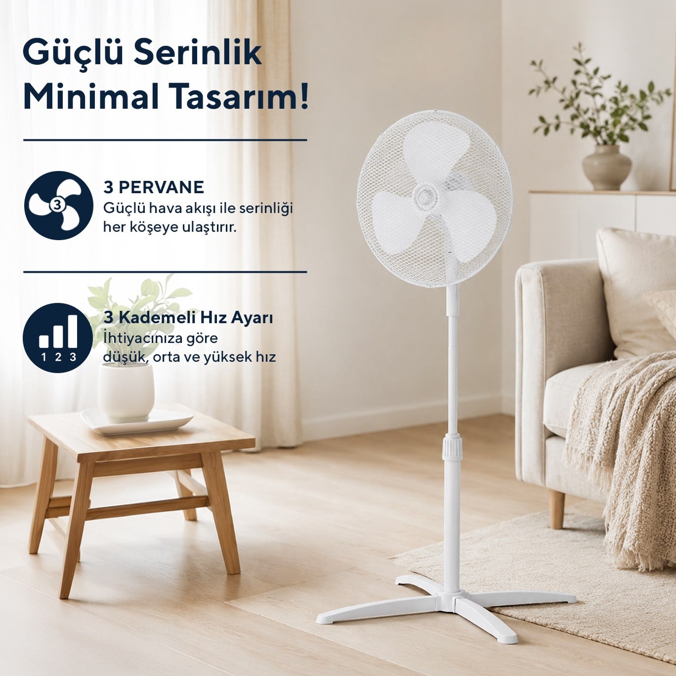Kumtel KTF-290 Beyaz 16 İnç Ayaklı Vantilatör 40 W,3 Kanatlı, 3 Pervaneli, 120 cm Ayarlanabilir Yükseklik