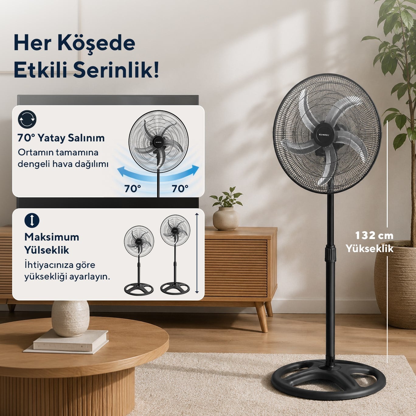 Kumtel KTF-340 Siyah 18 İnç Sanayi Tipi Vantilatör 3in1 60 W,5 Metal Pervaneli, 3 Kademeli, 132 cm Ayarlanabilir Yükseklik