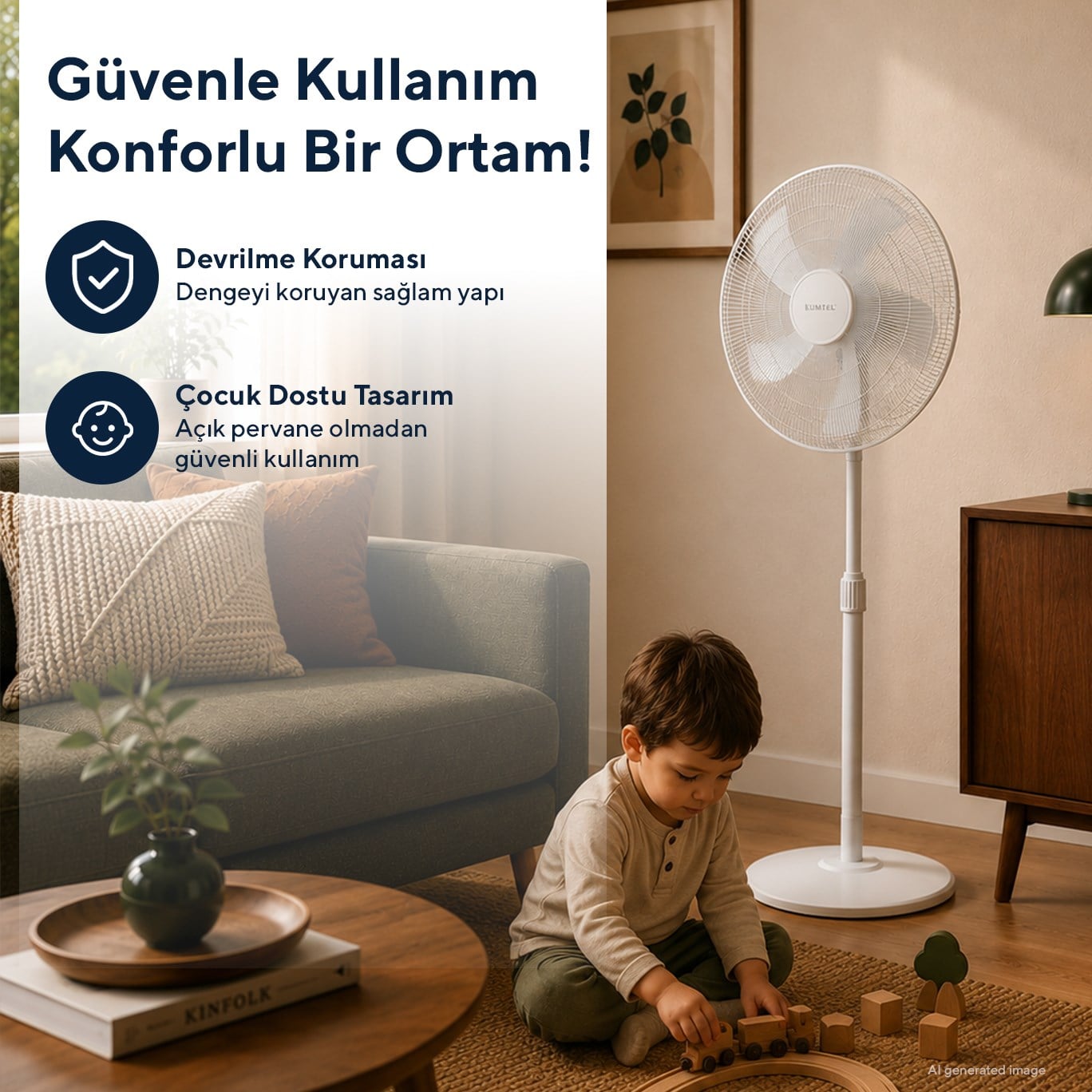 Kumtel KTF-350 Beyaz 16 İnç Ayaklı Vantilatör 50 W, 5 Pervaneli, 3 Kademeli, 121 cm Ayarlanabilir Yükseklik