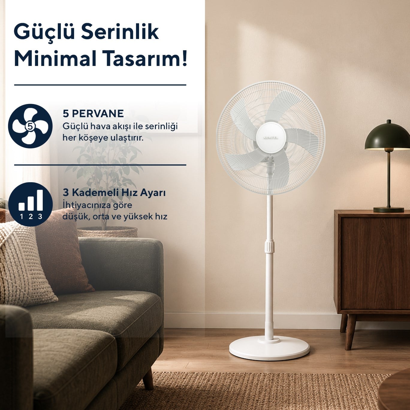 Kumtel KTF-350 Beyaz 16 İnç Ayaklı Vantilatör 50 W, 5 Pervaneli, 3 Kademeli, 121 cm Ayarlanabilir Yükseklik