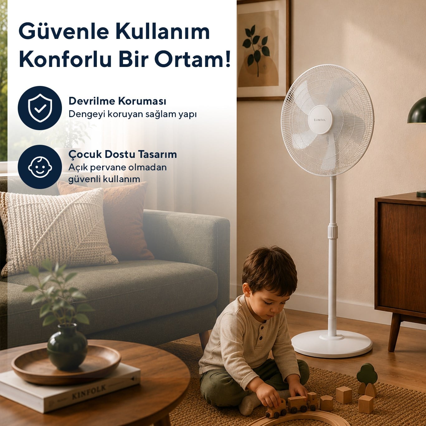 Kumtel KTF-350 Beyaz 16 İnç Ayaklı Vantilatör 50 W, 5 Pervaneli, 3 Kademeli, 121 cm Ayarlanabilir Yükseklik
