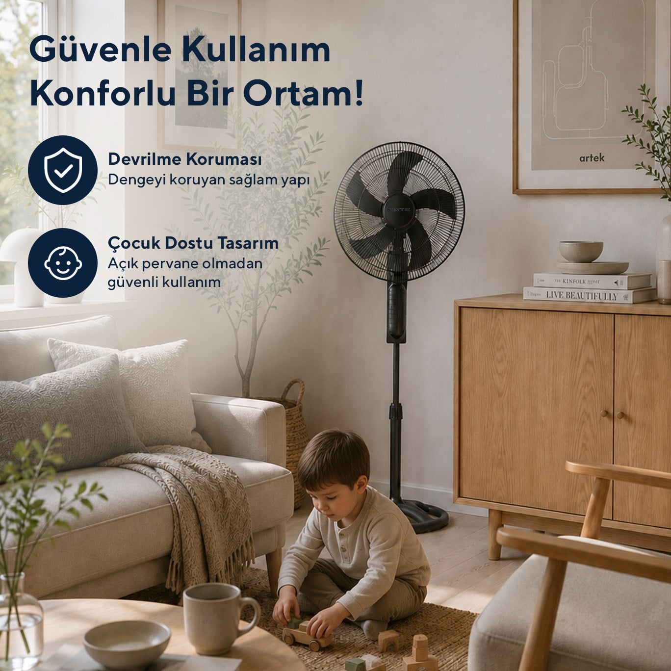 Kumtel KTF-395 Siyah 18 İnç Ayaklı Vantilatör 60 W, 5 Pervaneli, 3 Kademeli, 145 cm Ayarlanabilir Yükseklik