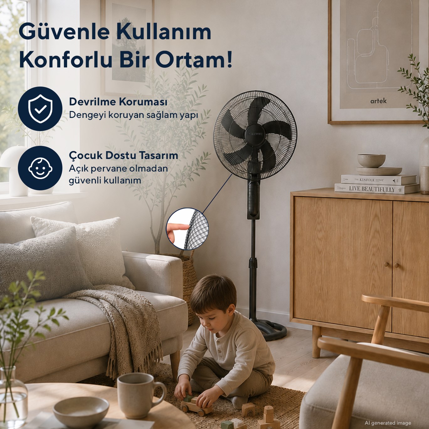 Kumtel KTF-395 Siyah 18 İnç Ayaklı Vantilatör 60 W, 5 Pervaneli, 3 Kademeli, 145 cm Ayarlanabilir Yükseklik