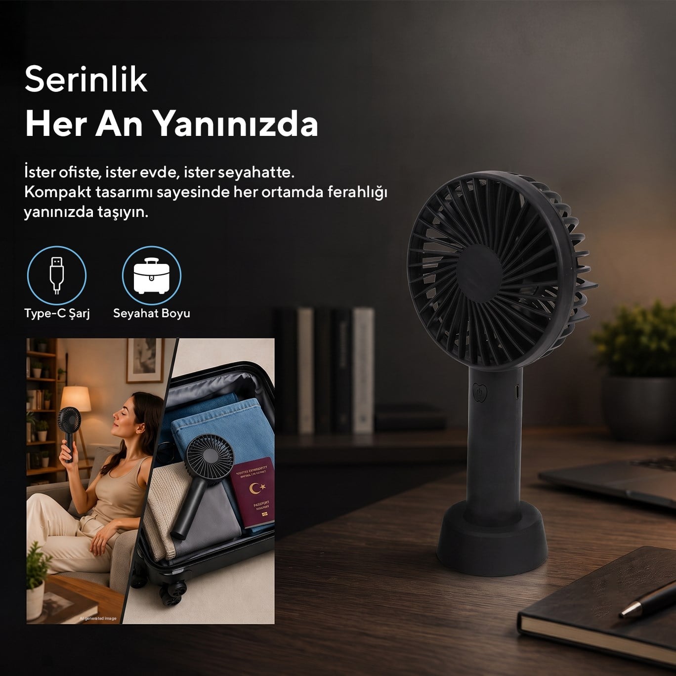 Kumtel Şarj Edilebilir Mini El Vantilatörü | Type-C Şarjlı | 3 Kademeli | 400 mAh HFF-02C