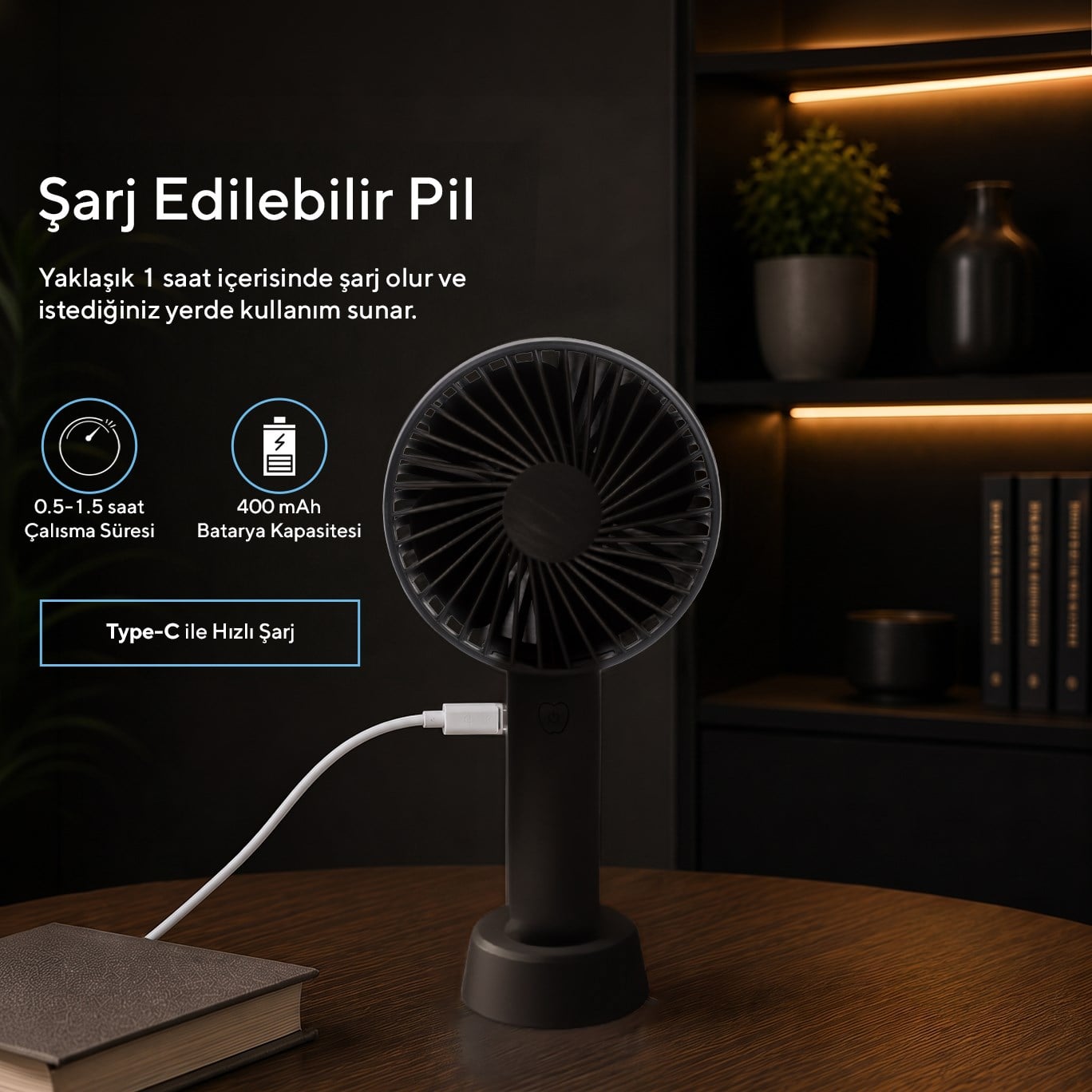 Kumtel Şarj Edilebilir Mini El Vantilatörü | Type-C Şarjlı | 3 Kademeli | 400 mAh HFF-02C