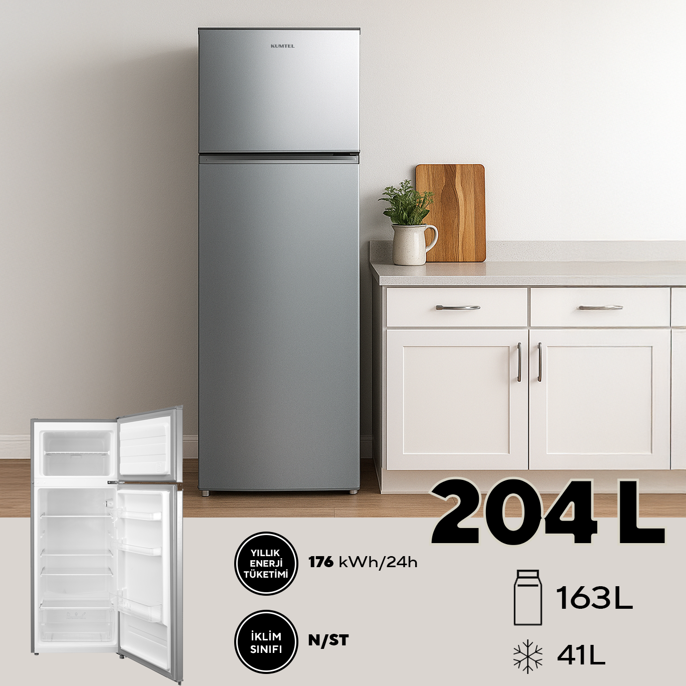 Kumtel Silver Çift Kapılı Buzdolabı 204L HTMF-210SL