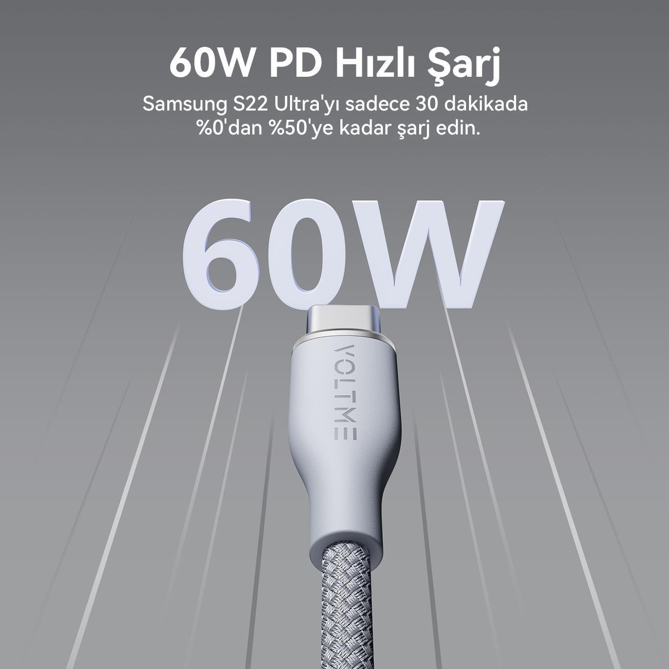 VOLTME C2048 Powerlink Rugg 60W USB to Type-C Şarj Kablosu 1.8M 3A- Gri