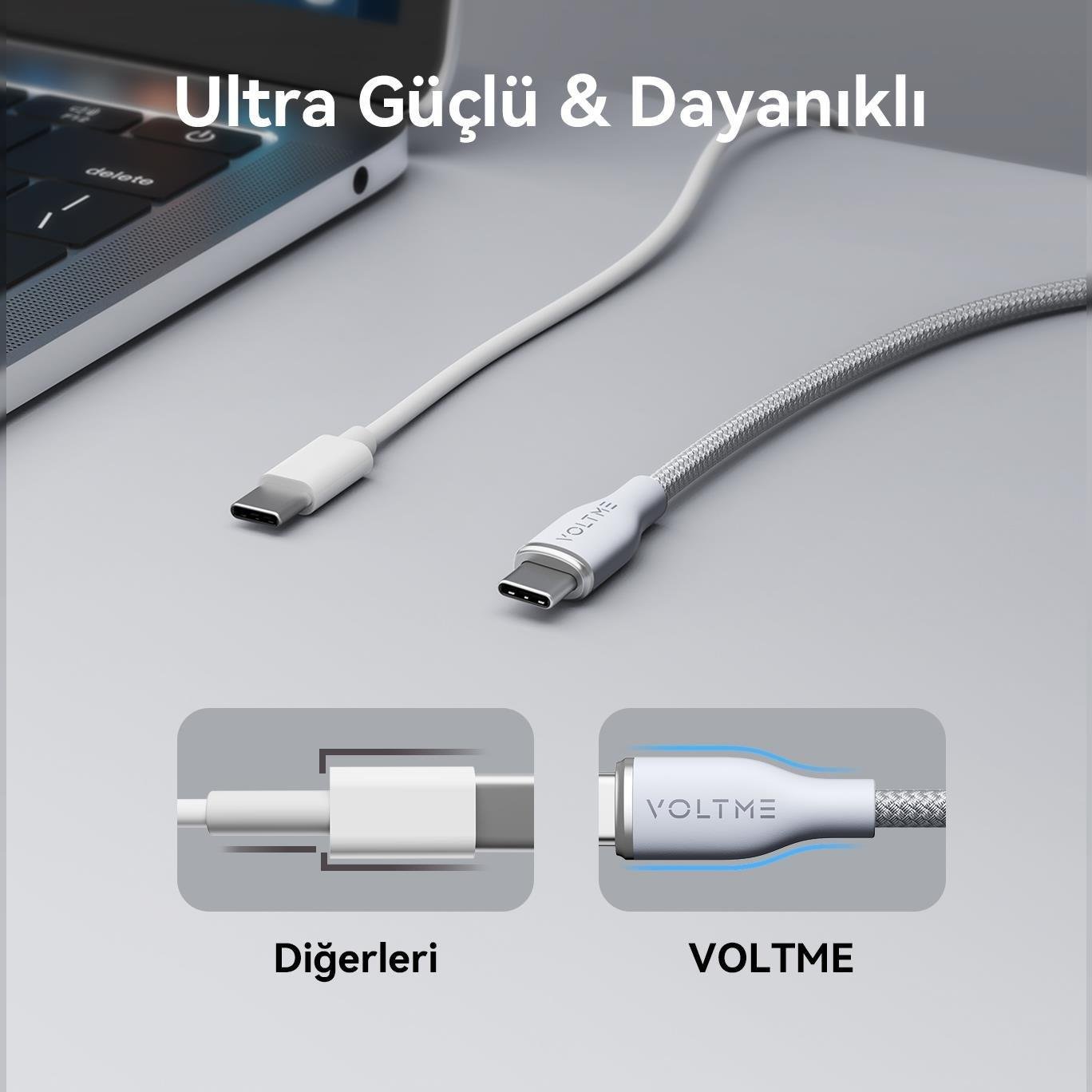 VOLTME C2052 Powerlink Rugg 60W Type-C Şarj Kablosu 1M 3A-Gri