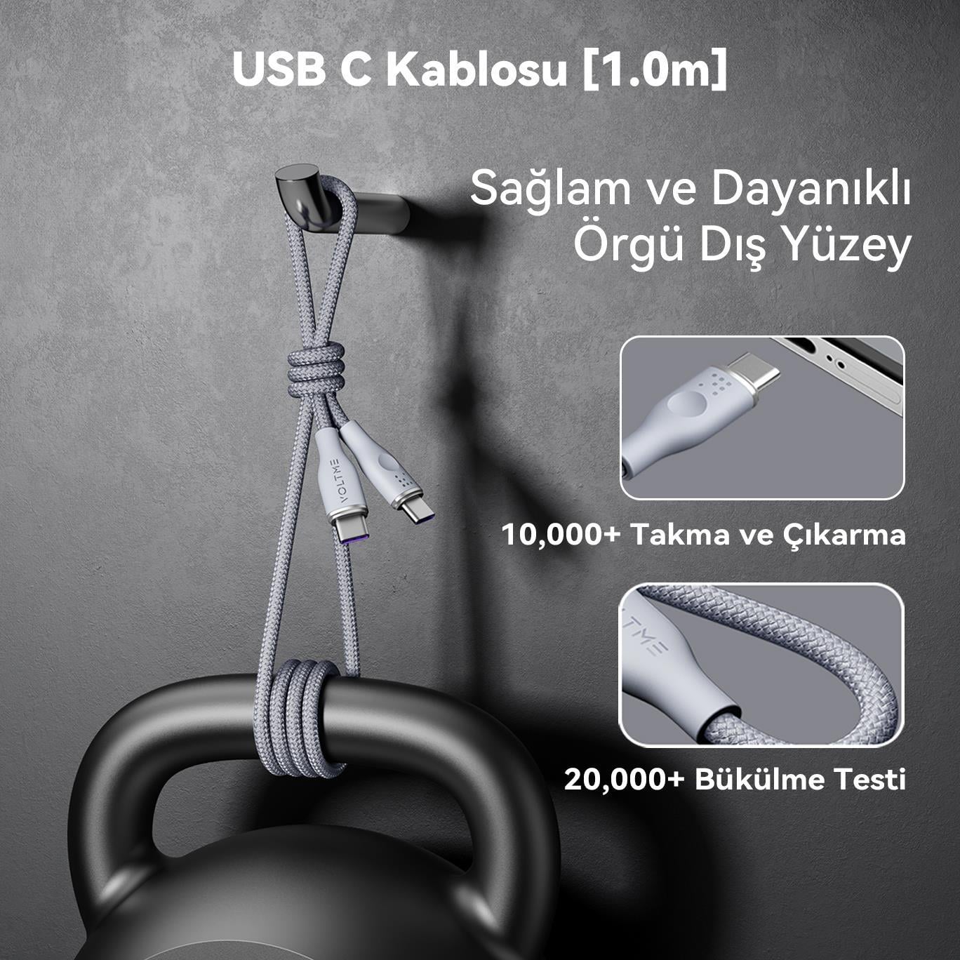 VOLTME C2060 Powerlink Rugg 100W Type-C Şarj Kablosu 1M 5A- Gri