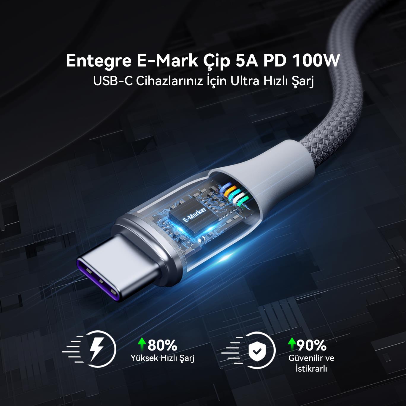 VOLTME C2064 Powerlink Rugg 100W Type-C Şarj Kablosu 1.8M 5A- Gri