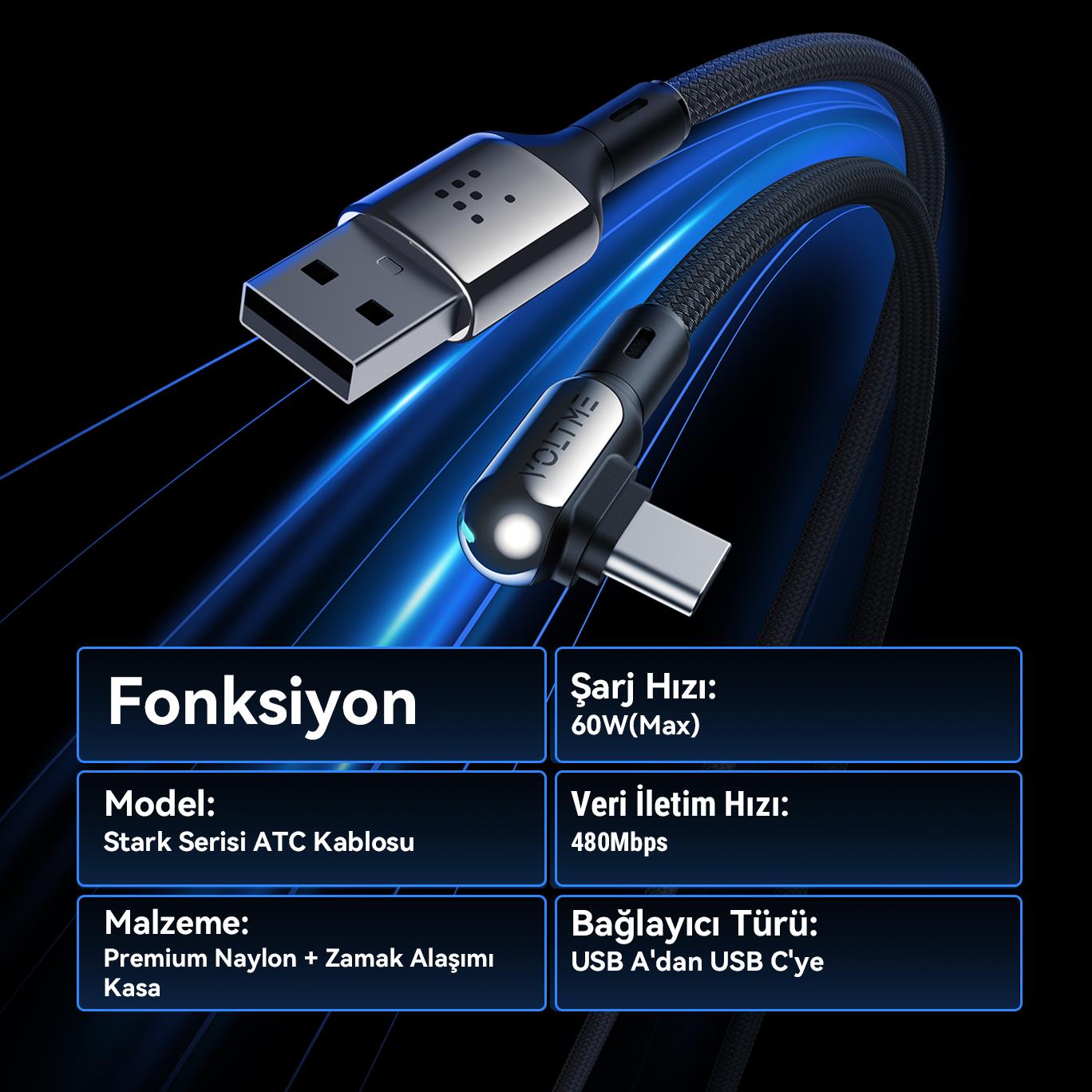 VOLTME C2067 Stark 60W USB to Type-C Şarj Kablosu 1.2M 3A-Siyah