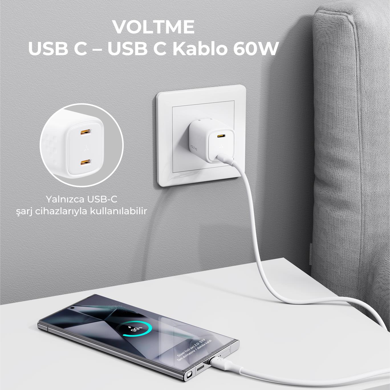 VOLTME C2273 60W USB-C to USB-C Hızlı Şarj ve Veri Kablosu 1.2 Metre – Beyaz