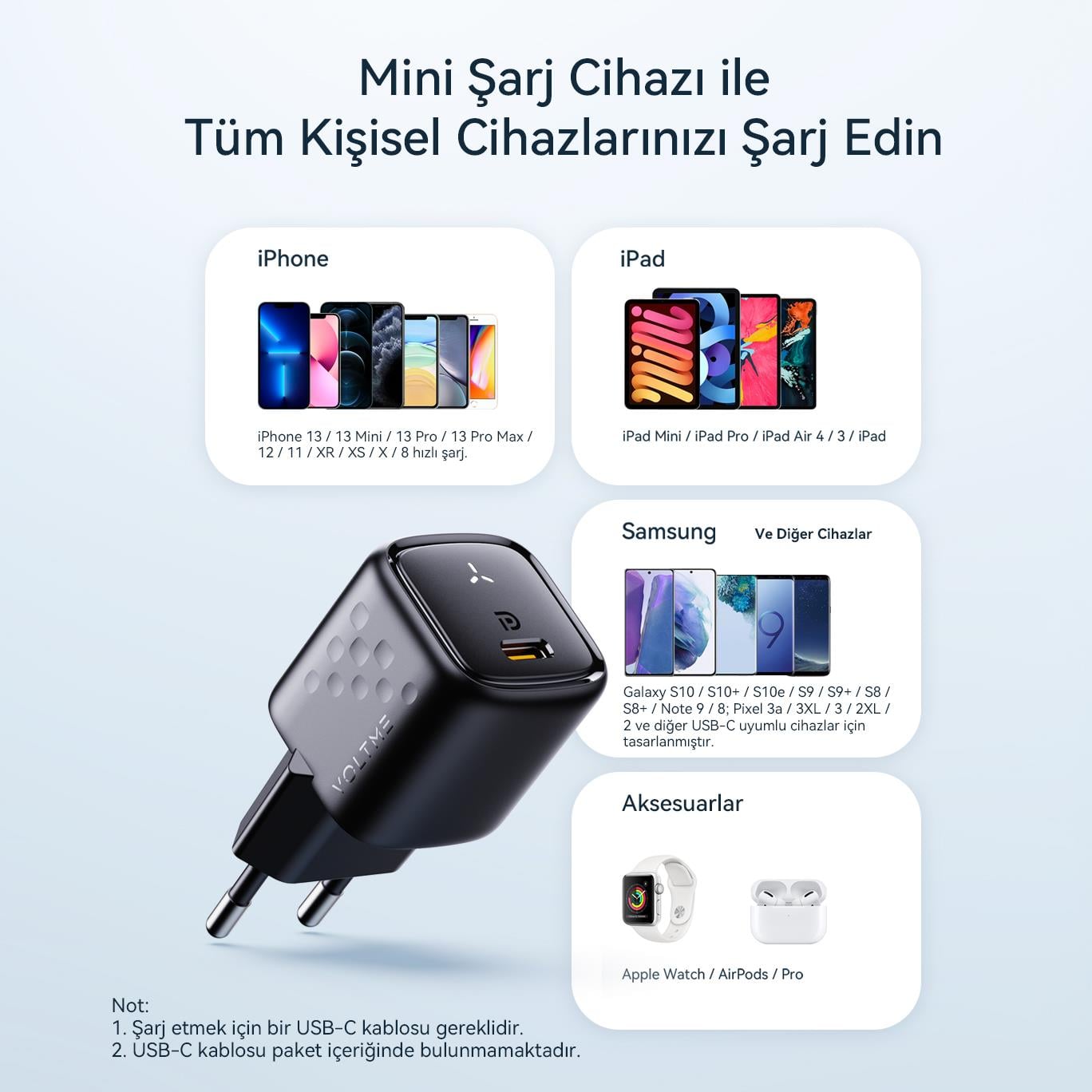 VOLTME V2003 Revo Siyah 20W USB-C Şarj Aleti
