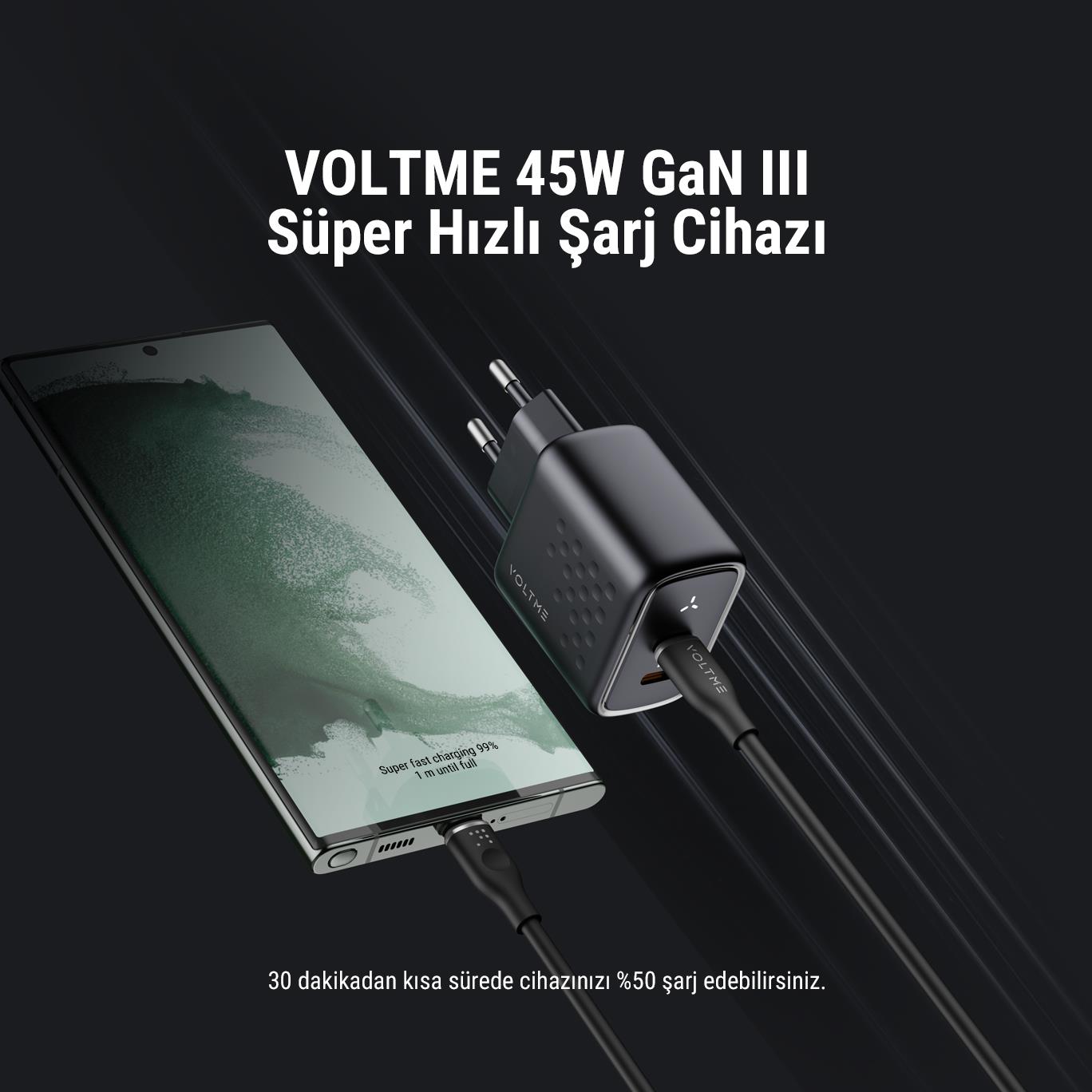 VOLTME V2111 Revo Siyah 45W CC GaN Şarj Aleti