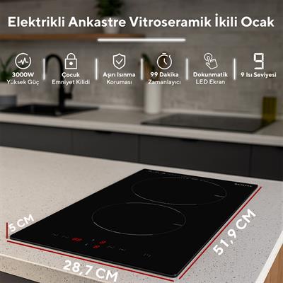 Kumtel Elektrikli Vitroseramik Siyah Cam İkili Ankastre Ocak HV3-02