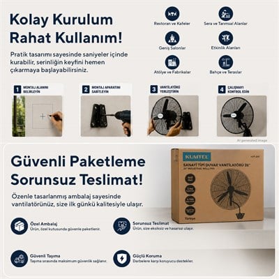 Kumtel HDF-200 Siyah 26 İnç Sanayi Tipi Duvar Vantilatörü, 3 Pervaneli, 3 Kademeli