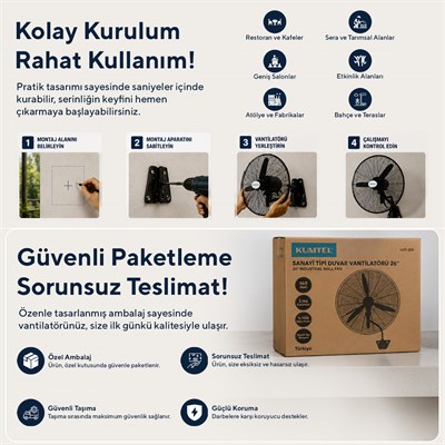 Kumtel HDF-200 Siyah 26 İnç Sanayi Tipi Duvar Vantilatörü, 3 Pervaneli, 3 Kademeli