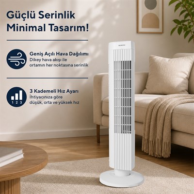 Kumtel KTF-258W Kule Tipi Beyaz Vantilatör – 50W, Zaman Ayarlı, 3 Hız Kademeli, Sessiz Çalışma