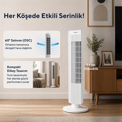 Kumtel KTF-258W Kule Tipi Beyaz Vantilatör – 50W, Zaman Ayarlı, 3 Hız Kademeli, Sessiz Çalışma