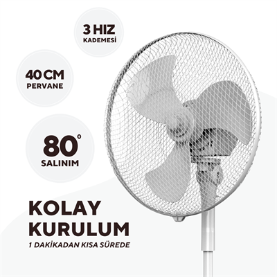 Kumtel KTF-290 Beyaz 16 İnç Ayaklı Vantilatör 40 W,3 Kanatlı, 3 Pervaneli, 120 cm Ayarlanabilir Yükseklik