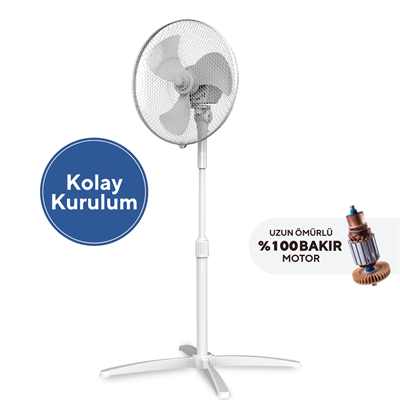 Kumtel KTF-290 Beyaz 16 İnç Ayaklı Vantilatör 40 W,3 Kanatlı, 3 Pervaneli, 120 cm Ayarlanabilir Yükseklik