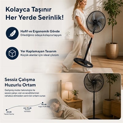 Kumtel KTF-340 Siyah 18 İnç Sanayi Tipi Vantilatör 3in1 60 W,5 Metal Pervaneli, 3 Kademeli, 132 cm Ayarlanabilir Yükseklik