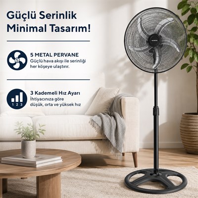 Kumtel KTF-340 Siyah 18 İnç Sanayi Tipi Vantilatör 3in1 60 W,5 Metal Pervaneli, 3 Kademeli, 132 cm Ayarlanabilir Yükseklik