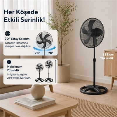 Kumtel KTF-345 Siyah 18 İnç Ayaklı Vantilatör 60 W, 5 Pervaneli, 3 Kademeli, 132 cm Ayarlanabilir Yükseklik