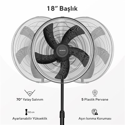 Kumtel KTF-345 Siyah 18 İnç Ayaklı Vantilatör 60 W, 5 Kanatlı, 3 Kademeli, 132 cm Ayarlanabilir Yükseklik
