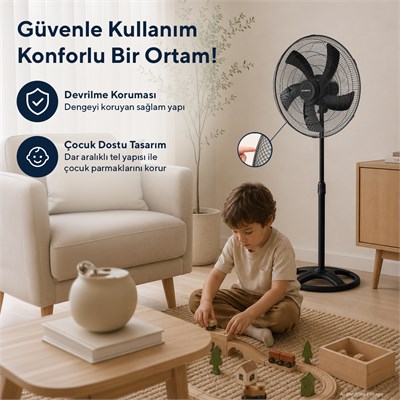 Kumtel KTF-345 Siyah 18 İnç Ayaklı Vantilatör 60 W, 5 Pervaneli, 3 Kademeli, 132 cm Ayarlanabilir Yükseklik