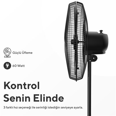 Kumtel KTF-345 Siyah 18 İnç Ayaklı Vantilatör 60 W, 5 Kanatlı, 3 Kademeli, 132 cm Ayarlanabilir Yükseklik