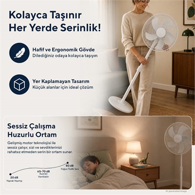 Kumtel KTF-350 Beyaz 16 İnç Ayaklı Vantilatör 50 W, 5 Pervaneli, 3 Kademeli, 121 cm Ayarlanabilir Yükseklik