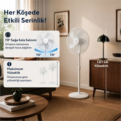 Kumtel KTF-350 Beyaz 16 İnç Ayaklı Vantilatör 50 W, 5 Pervaneli, 3 Kademeli, 121 cm Ayarlanabilir Yükseklik