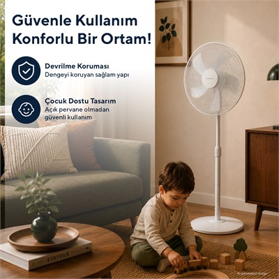 Kumtel KTF-350 Beyaz 16 İnç Ayaklı Vantilatör 50 W, 5 Pervaneli, 3 Kademeli, 121 cm Ayarlanabilir Yükseklik