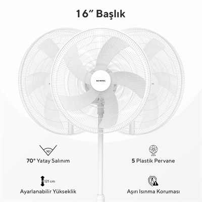 Kumtel KTF-350 Beyaz 16 İnç Ayaklı Vantilatör 50 W, 5 Kanatlı, 3 Kademeli, 121 cm Ayarlanabilir Yükseklik