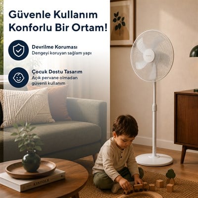 Kumtel KTF-350 Beyaz 16 İnç Ayaklı Vantilatör 50 W, 5 Pervaneli, 3 Kademeli, 121 cm Ayarlanabilir Yükseklik