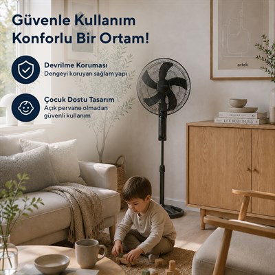 Kumtel KTF-395 Siyah 18 İnç Ayaklı Vantilatör 60 W, 5 Pervaneli, 3 Kademeli, 145 cm Ayarlanabilir Yükseklik