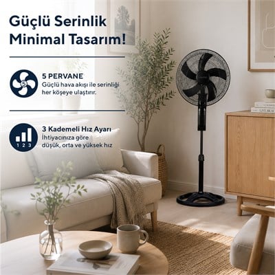 Kumtel KTF-395 Siyah 18 İnç Ayaklı Vantilatör 60 W, 5 Pervaneli, 3 Kademeli, 145 cm Ayarlanabilir Yükseklik