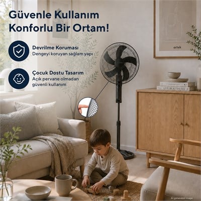 Kumtel KTF-395 Siyah 18 İnç Ayaklı Vantilatör 60 W, 5 Pervaneli, 3 Kademeli, 145 cm Ayarlanabilir Yükseklik