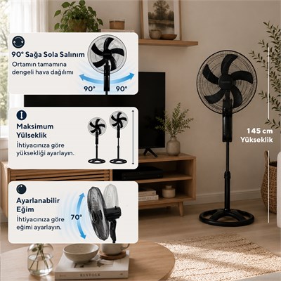 Kumtel KTF-395 Siyah 18 İnç Ayaklı Vantilatör 60 W, 5 Pervaneli, 3 Kademeli, 145 cm Ayarlanabilir Yükseklik