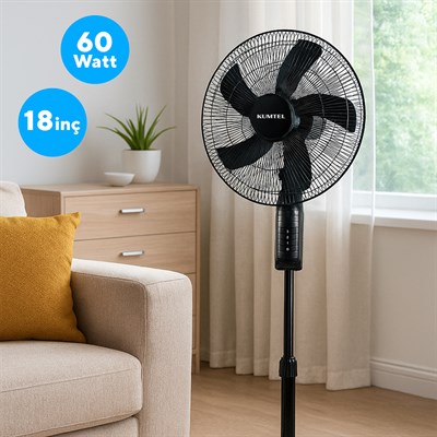 Kumtel KTF-395 Siyah 18 İnç Ayaklı Vantilatör 60 W, 5 Pervaneli, 3 Kademeli, 145 cm Ayarlanabilir Yükseklik