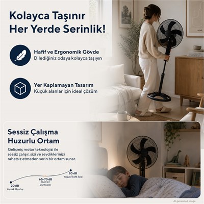 Kumtel KTF-395 Siyah 18 İnç Ayaklı Vantilatör 60 W, 5 Pervaneli, 3 Kademeli, 145 cm Ayarlanabilir Yükseklik