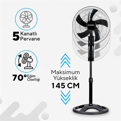 Kumtel KTF-395 Siyah 18 İnç Ayaklı Vantilatör 60 W, 5 Pervaneli, 3 Kademeli, 145 cm Ayarlanabilir Yükseklik
