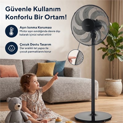 Kumtel KTF-760 Siyah 16 İnç Ayaklı Vantilatör 50 W,7 Pervaneli,3 Kademeli, 130 cm Yükseklik