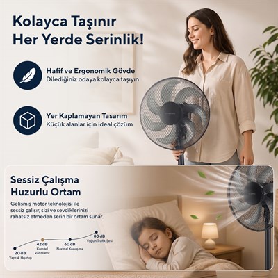 Kumtel KTF-760 Siyah 16 İnç Ayaklı Vantilatör 50 W,7 Pervaneli,3 Kademeli, 130 cm Yükseklik